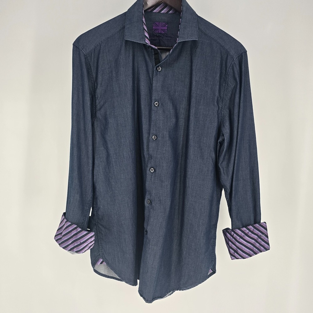 Micholson's London Men's M Blue Button Up Shirt Purple Stripe Trim‎ 100% Cotton